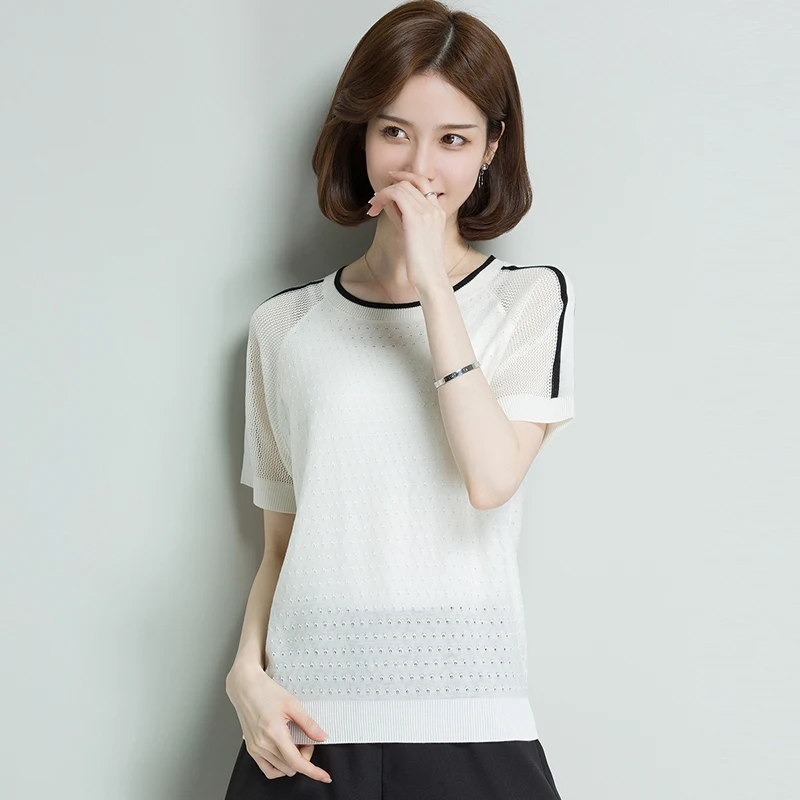 short sleeve top hollow out knit women sweater Pullovers o neck summer Basic Women Sweaters Korean Style Slim Fit Black | Женская одежда