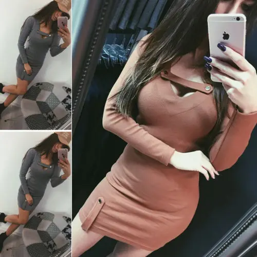 Модное женское Новое однотонное облегающее мини платье с длинным рукавом и v