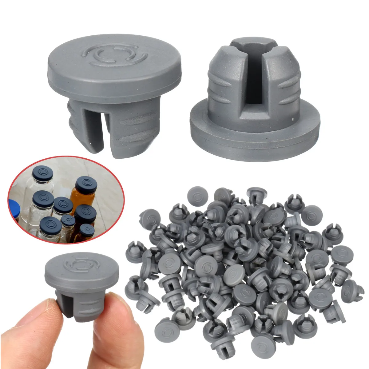 

Rubber Stoppers 100PCS Self Healing Injection Ports Inoculation For 20mm Opening Vials Glass Bottles Jars Sealing Organizer Grey