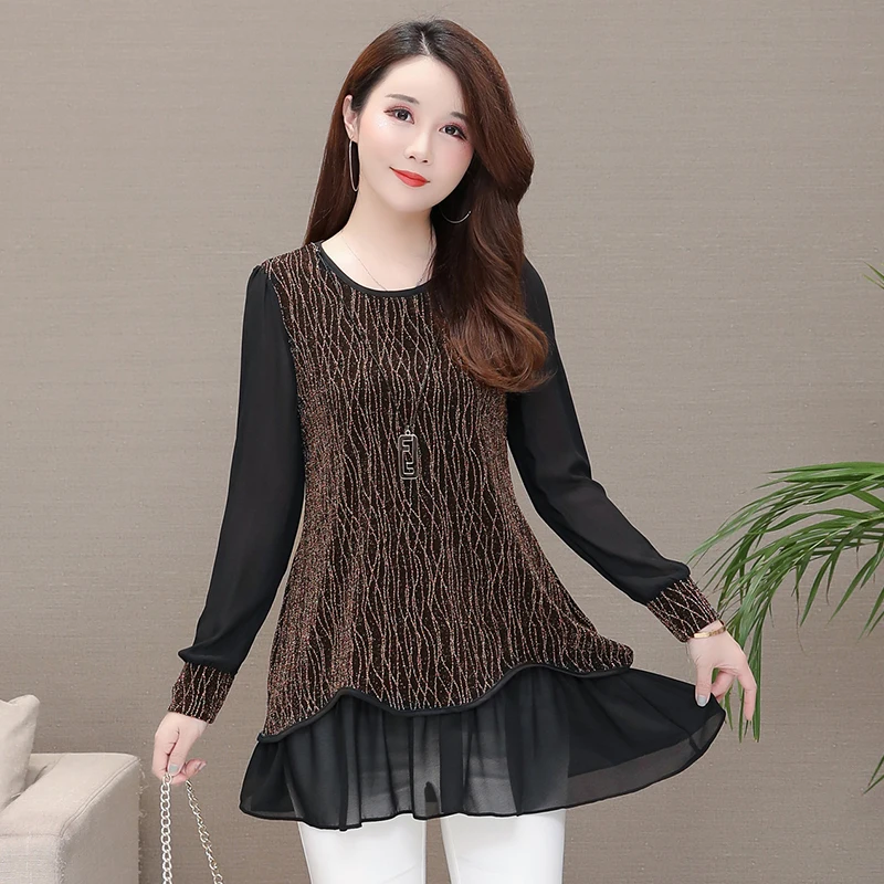 Plus Size Clothes 5XL 4XL 3XL Tunic Top Women Belly Peplum Patchwork Sheer Mesh Glitter Faux Two Piece Blouse Shirts | Женская одежда