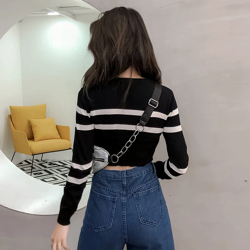 New Women Sweater Korean Winter Clothes Autumn stripe Pattern Short Female Knitted Casual Quality Slim Coat | Женская одежда