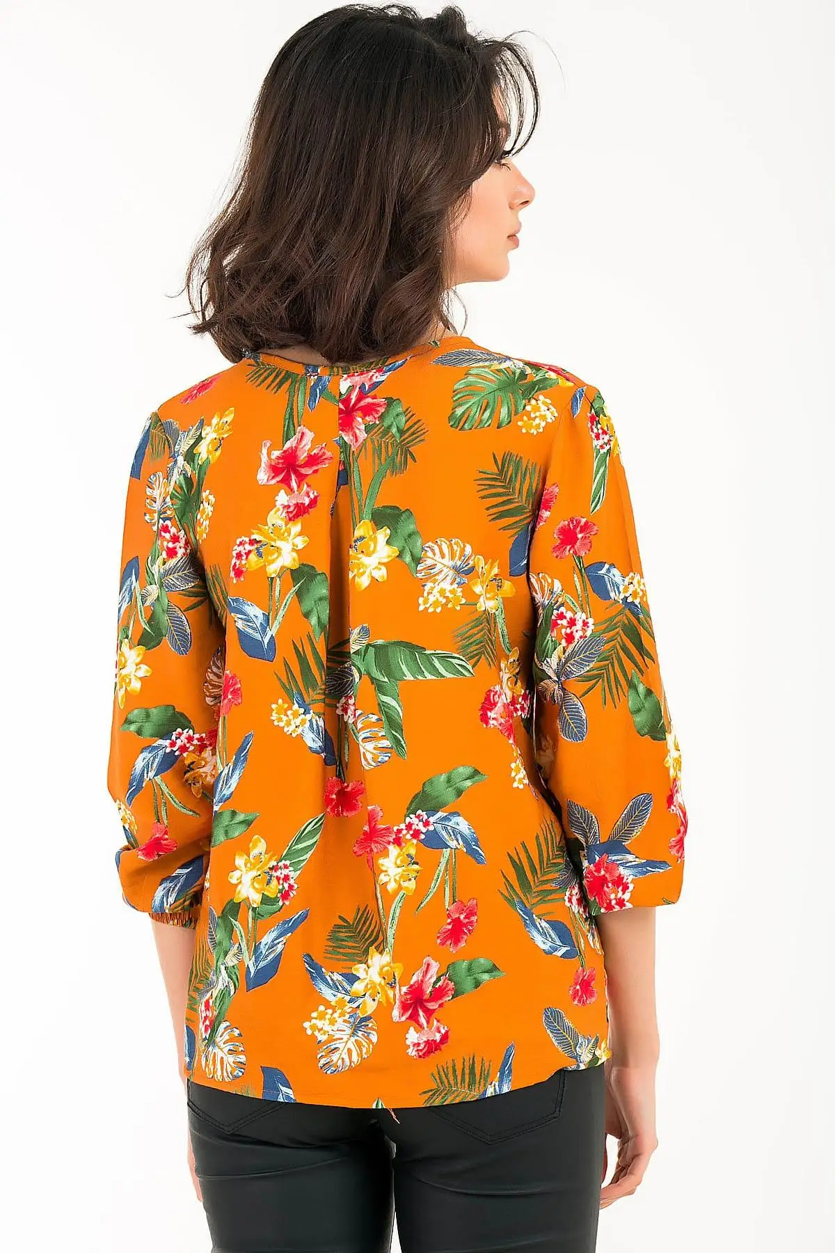 You Special Respect Women Brown Flower And Leaf Pattern Fronting Flounces Printed Viscose Blouse S-19Y1010027 |