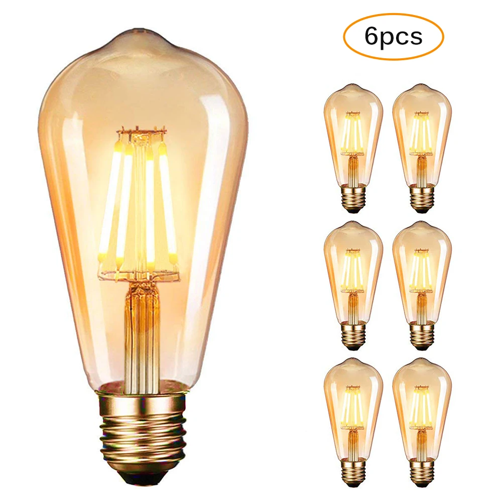 

6PCS ST64 Vintage Edison LED Filament Edison Bulb Lamp E27 110~230v Industrial Decor Vintage Retro Lamp Light Bulb