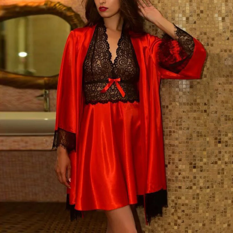 Women 2pcs Satin Sexy Sleepwear Gown autumn Set Cloak Robe Nightwear Clothes | Женская одежда