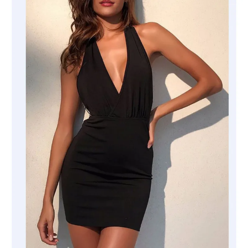 Для женщин облегающее платье с открытой спиной мини летнее без рукавов ремешком