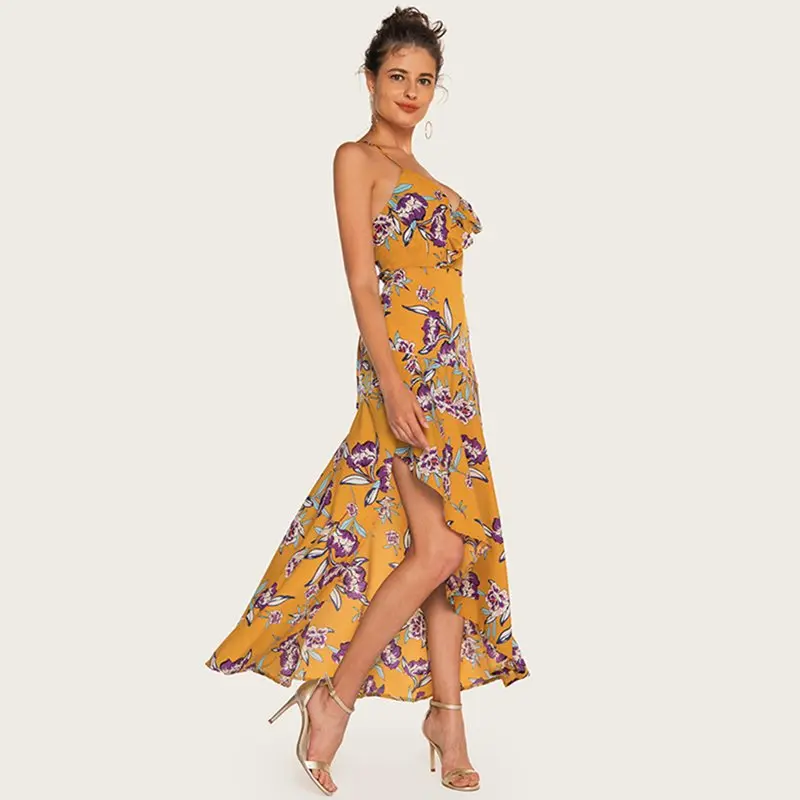 Boho Макси платье женское желтое шикарное модное уличное пляжное с рюшами и