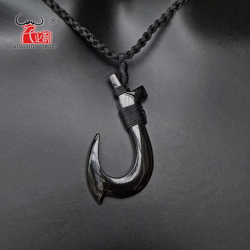 

1PC Hawaii Surfer Jewelry Handmade Carved buffalo horn Fish Hook Pendant New Zealand Maori Tribal Choker WoMen's Men's Necklace