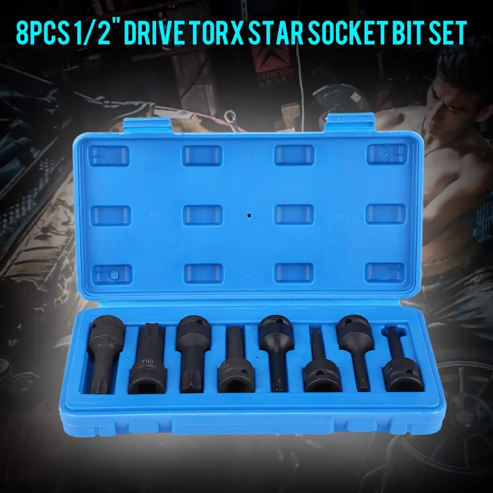 8 шт. 1/2 &quotдюймовый диск Torx Star Socket Набор бит с дюймовым приводом T30-T80