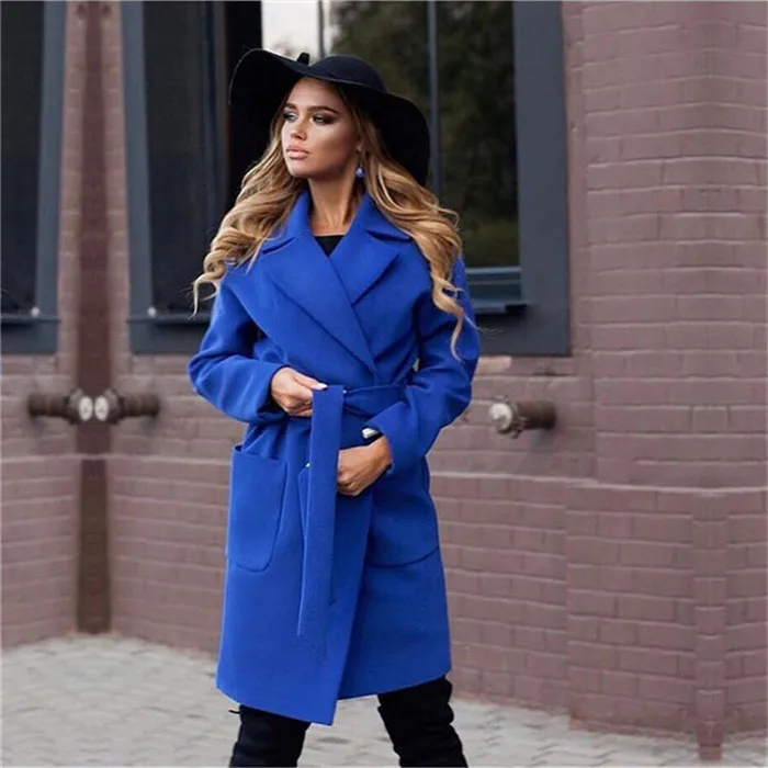 

elegant Long Women's coat lapel 2 pockets belted Jackets solid color coats Female Outerwear