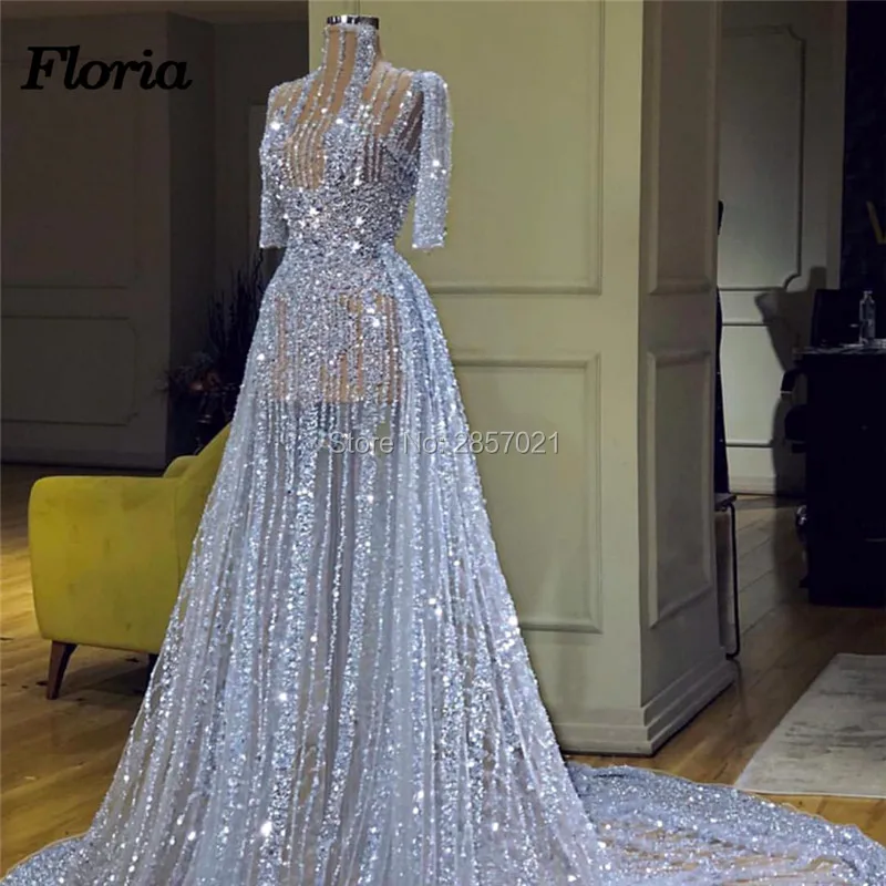 Generous Blue Beaded Evening Dresses With Transparent Dubai Turkish Prom Dress Arabic East Middle Party Gown Robe De Soiree 2019 | Свадьбы и