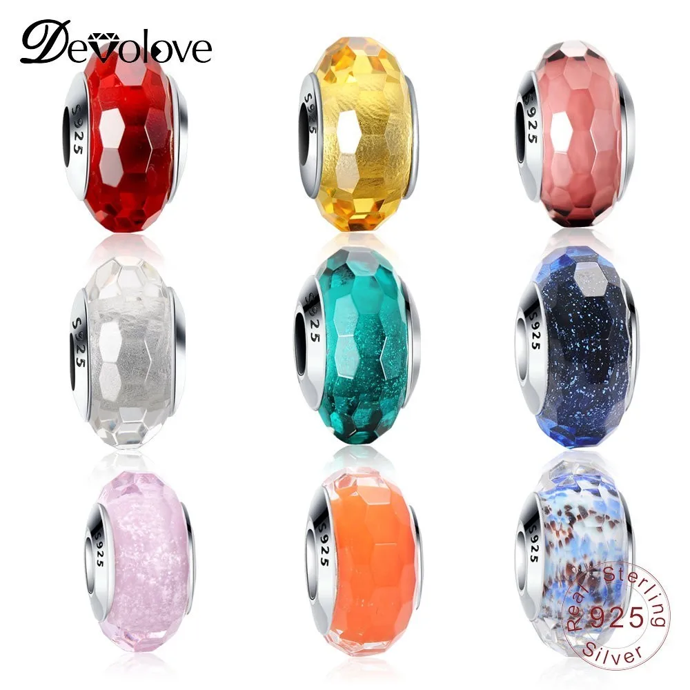 DEVOLOVE 925 пробы серебряные сверкающие бусины из муранского стекла подходят к