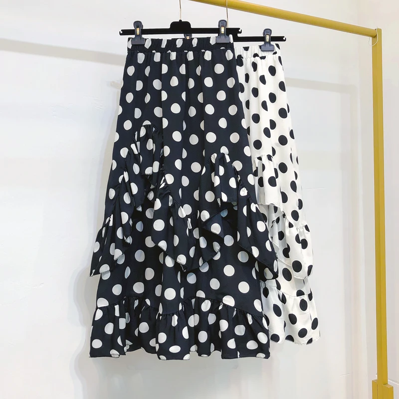 Летние шифоновые юбки в горошек высокие низкие Cakee многоуровневые черные/белые