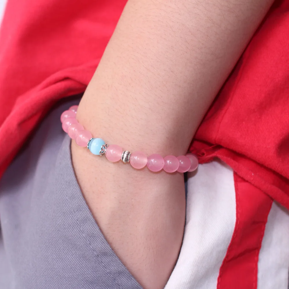 New design DIY powder jade blue cat eyes single-circle hot selling Valentine's Day present natural yoga stone elastic Bracelets |