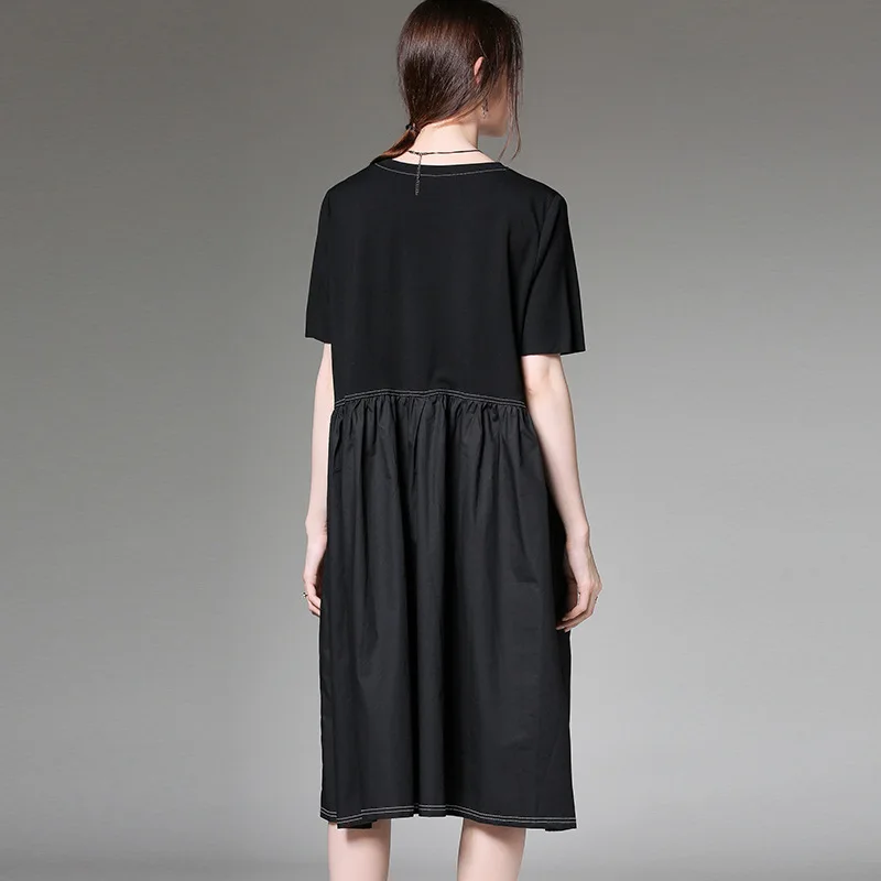 

Black White Red Patchwork Loose Dress Summer Round Collar Short Sleeve Casual A-line Dress Women 3XL 4XL Plus Size Dress Midi