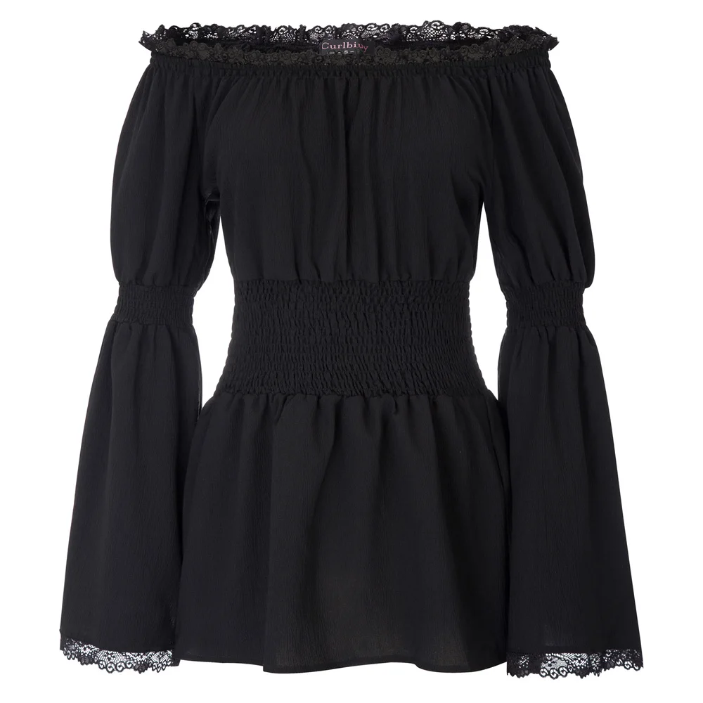 Женский OL стиль длинный рукав колокол с открытыми плечами вырез лодочкой