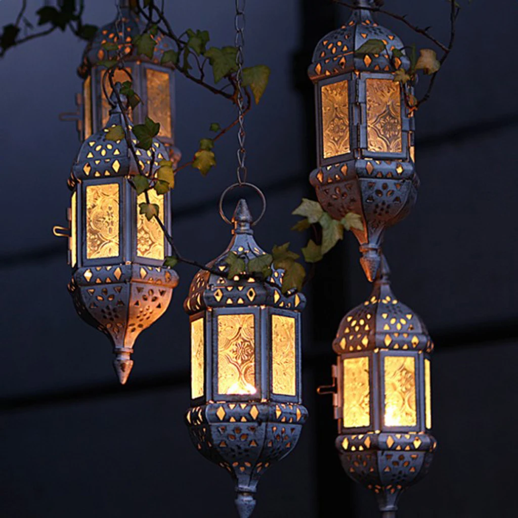 

Classic Moroccan Windproof Candle Holders Votive Iron Glass Hanging Candlestick Wedding Decoration Candle Lantern Home Decor