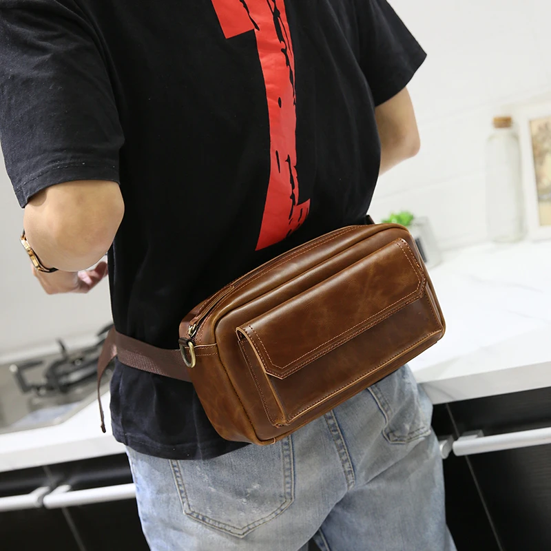 New Fashion Men Crzy Horse Leather Chest Waist Band Travel Small Single Shoulder Bad High Quality College Student Boy Daypack | Багаж и