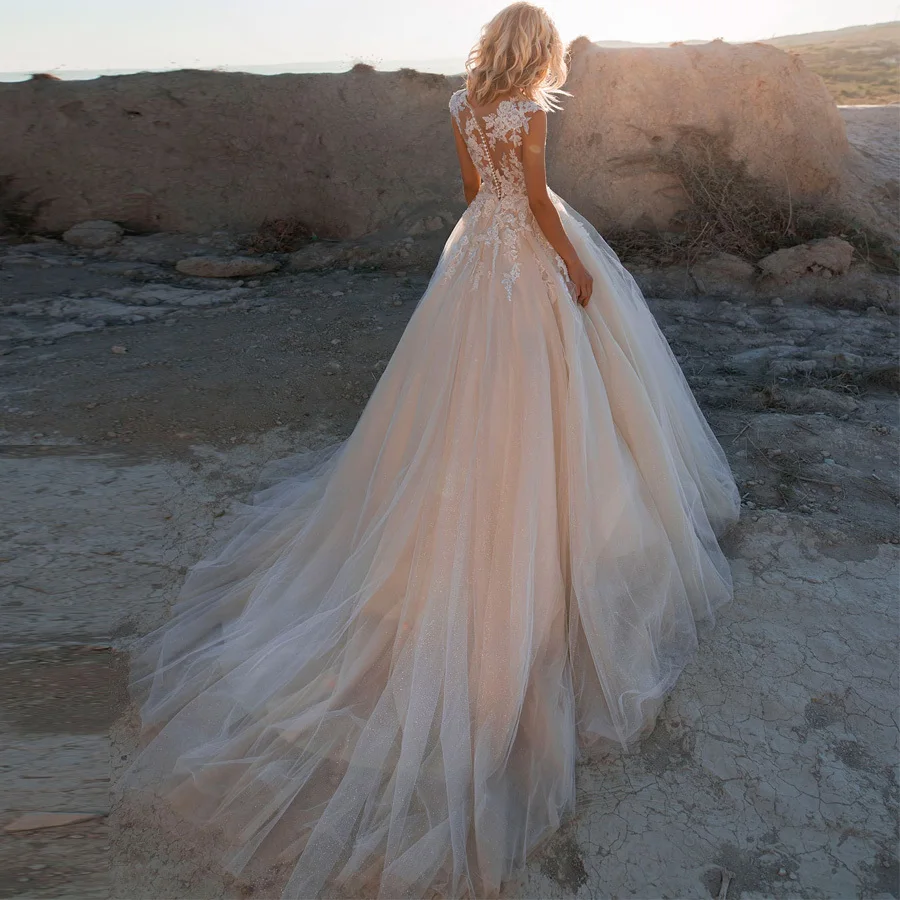 Weilinsha Cap Sleeve Applique Ball Gown Wedding Dresses O-neck Bridal Gowns Shinny Tulle Robe De Mariage Custom Design | Свадьбы и