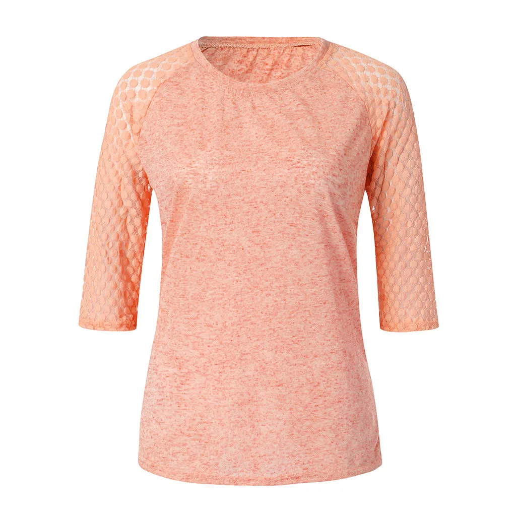 Women T Shirts Casual Lace Stitching Round Neck Cropped Sleeves Slim Clothing Tops T-Shirts Plus Size S-5XL | Женская одежда