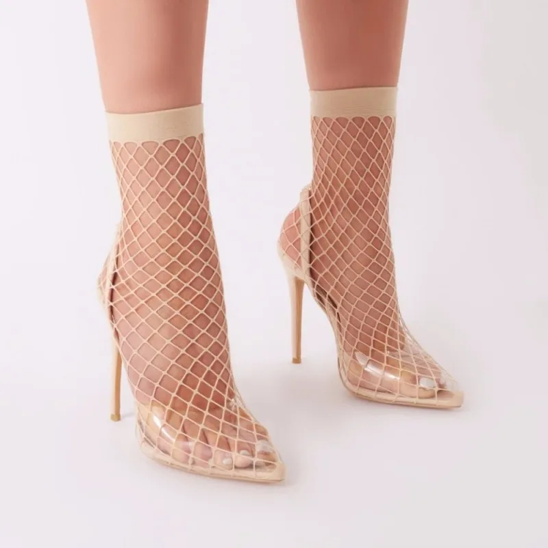 

Newest Mesh Cutouts With Transparent Band Hollow Boots For Woman Pointed Toe Thin Heels in Ankle Elastic Band Size 43,44,45