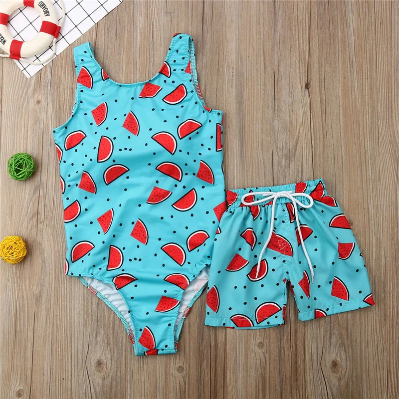

Family Matching Swimsuit Boys Swimming Trunks Women Bikini Swimwear Swimsuit One Piece Padded Push Up Bathing Suit Watermelon