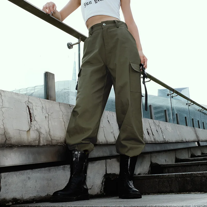 

Ins High Street Loose Pockets Sashes Solid Mid Cargo Pants