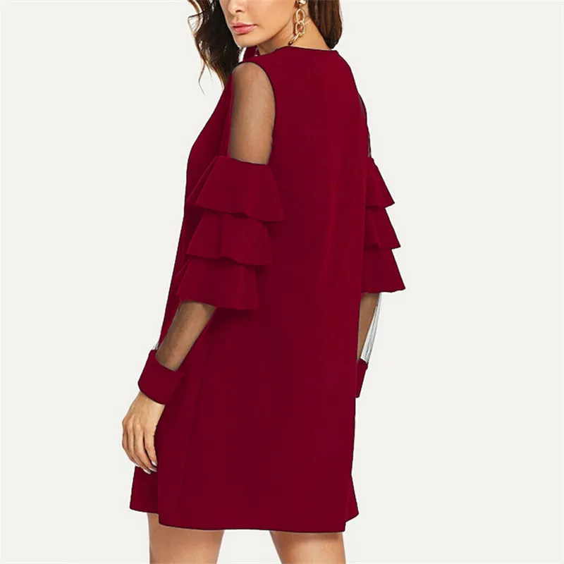 New 2019 Women Mesh Dress Sundress Fashion Long Flare Sleeve Ladies Casual Loose Short Females High Waist Elegant Vestido | Женская