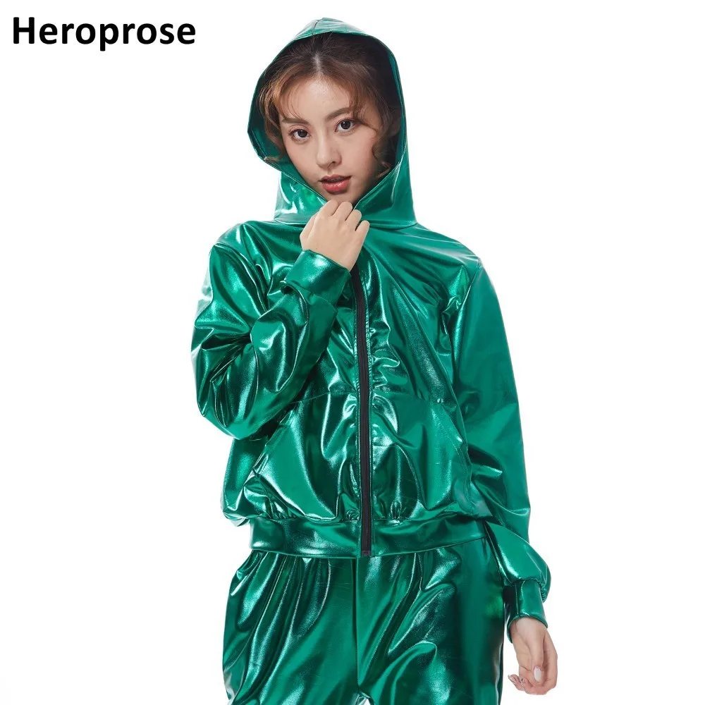

2021 Spring Autumn Kid Audlt Bomber With Pockets Jacket Green Stage Performance Paillette Feminina Casaco Hip Hop Dance Coat