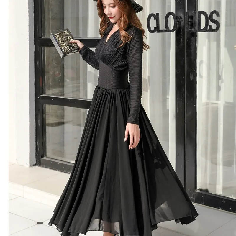 GALCAUR Casual Solid Women Dress V Neck Long Sleeve High Wasit Slim Ankle Length Pleated Dresses Female Fashion 2019 Spring New | Женская