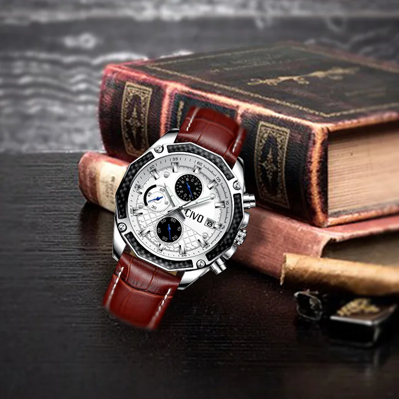 CIVO Mens Watches Reloj Hombre Waterproof Chronograph Calendar Clock Analogue Business Quartz Watch Genuine Leather Strap | Наручные часы
