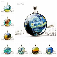 van gogh necklace starry night art painting sunflower pendant glass dome chain necklace women fashion accessories gifts