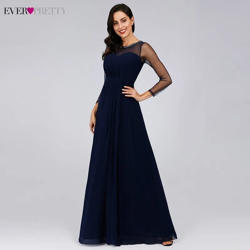 Темно синие длинные платья подружек невесты Ever Pretty A Line с длинным рукавом