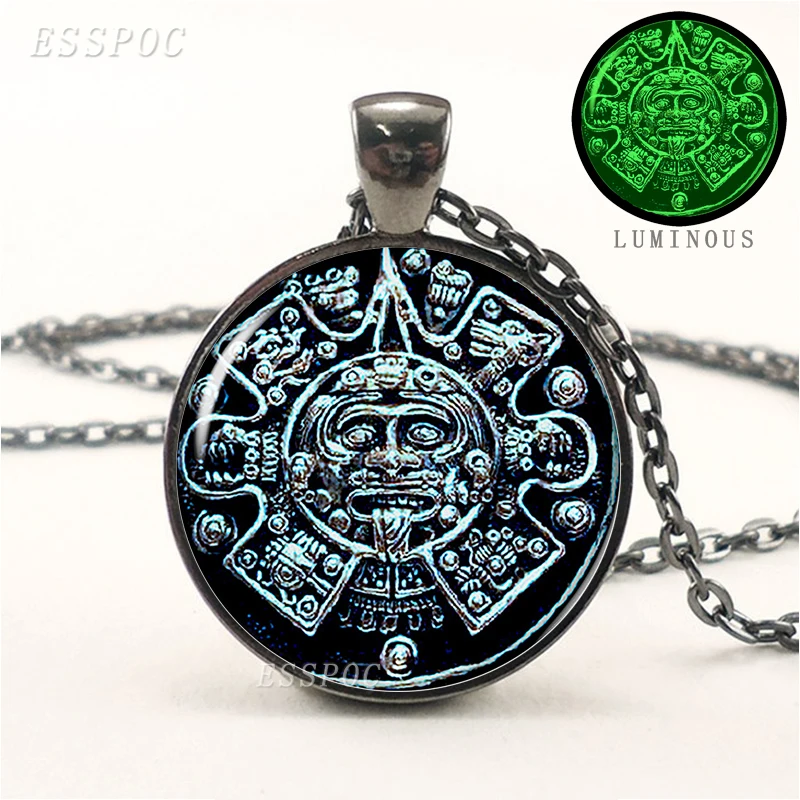 Ювелирные изделия Aztec с календарем, мексиканская Подвеска со светящимся зеленым стеклом, кабошон светится в темноте, ювелирные изделия майя... (art.: 7ac34300d) - 7ac34300d