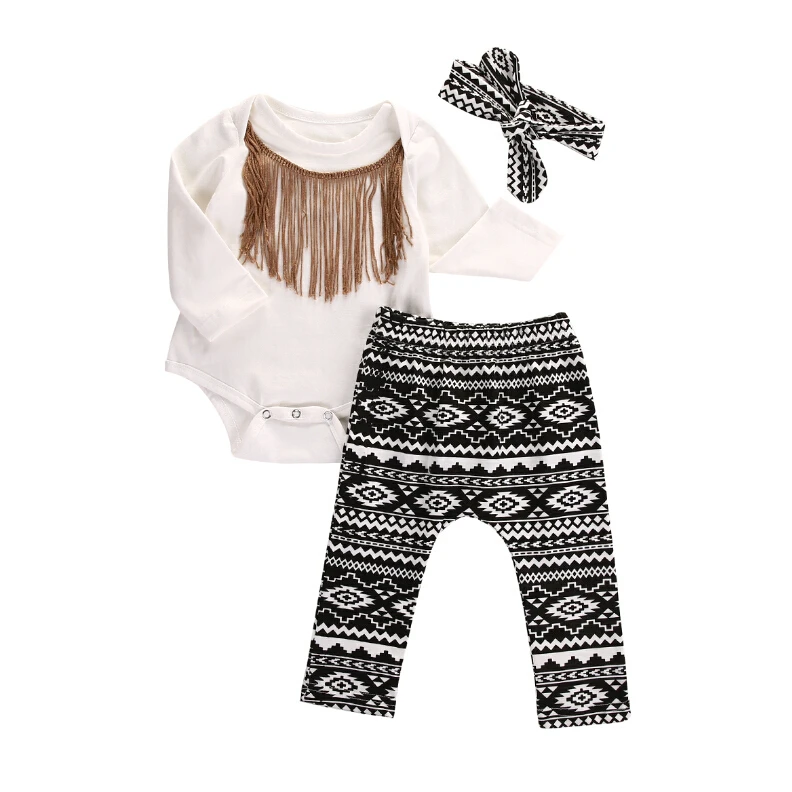 Spring Autumn Long Sleeve Tassel Bodysuit Tops Pants Headband Girl Clothing Cotton Outfits 3pcs Fashion Baby Girls Set | Детская одежда