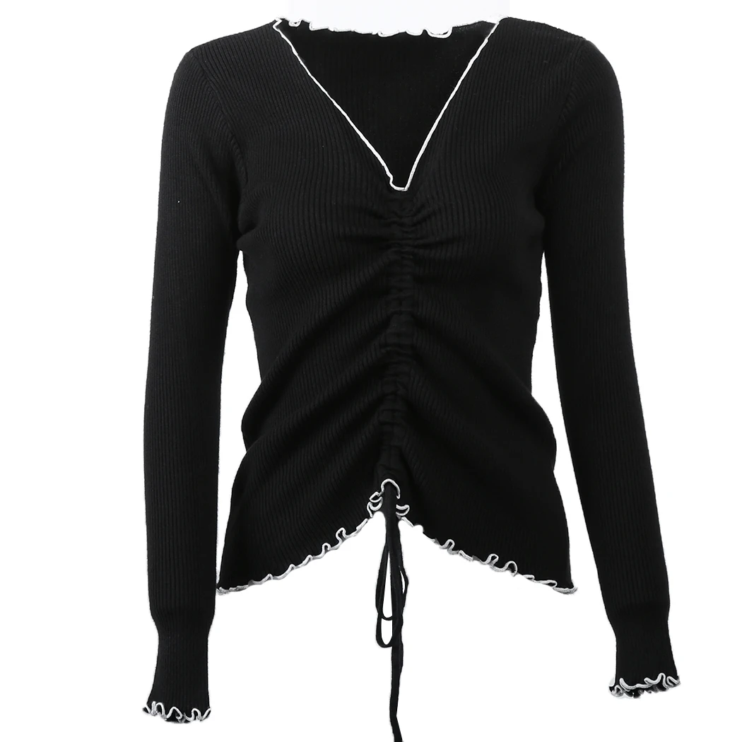 2018 New Fashion Knit Sweater Women V Neck Sweaters And Pullovers Long Sleeve Korean Style Drawstring Tops Jumper Truien Dames | Женская