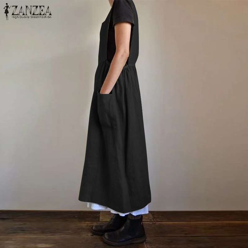 

Kaftan Linen Overalls Dress Women's Summer Sundress 2021 ZANZEA Stylish High Waist Pleated Maxi Vestidos Female Casual Robe 5XL