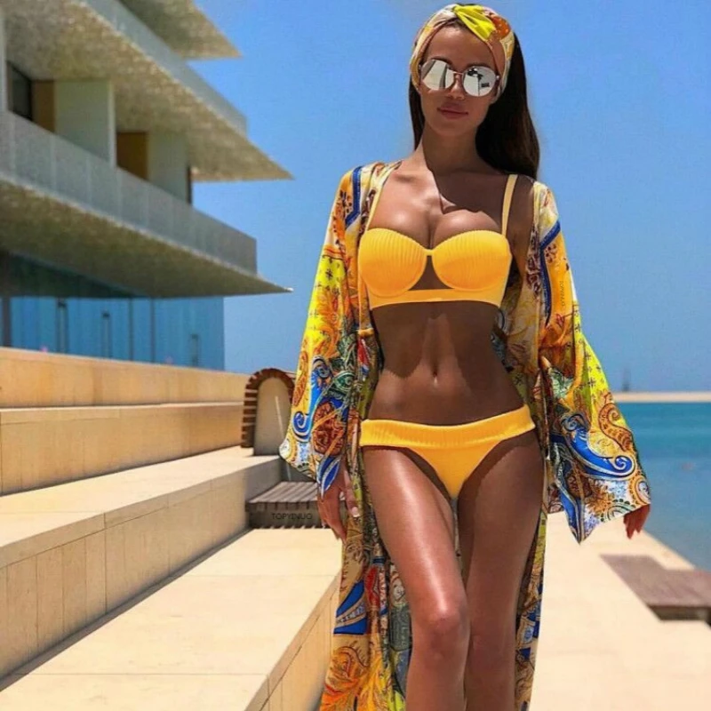 2019 New Sexy solid Bikinis Women Swimwear Push Up Bathing Suit Swim Summer Beach Wear Brazilian Bikini yellow swimsuit set 995 |