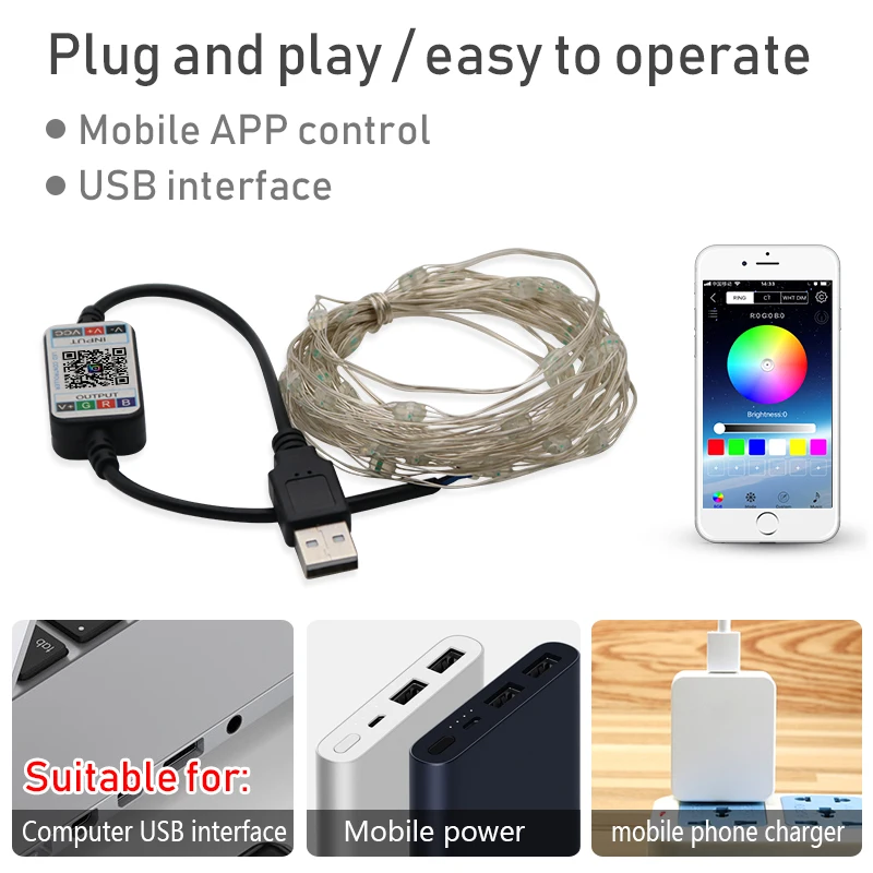 Светодиодный светильник RGB 10 м с медным проводом USB водонепроницаемый