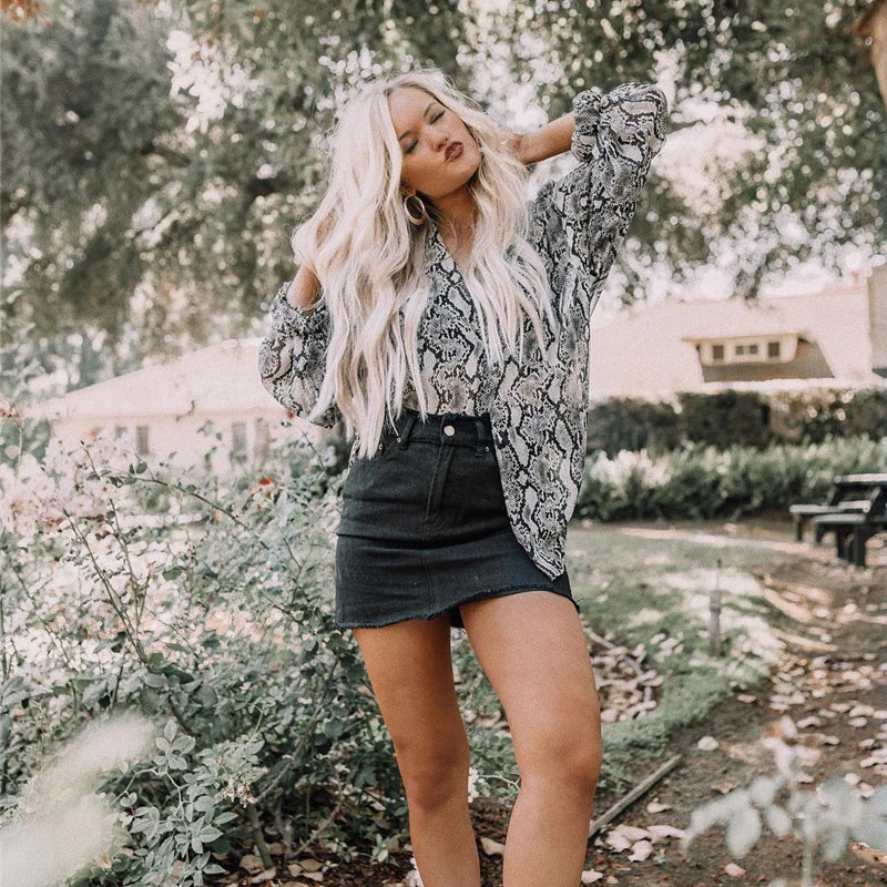 

Animal print Snake skin short blouse Fashion sexy loose long sleeve thin Deep V Neck Tops Streetwear ladies Casual Clothes 2019