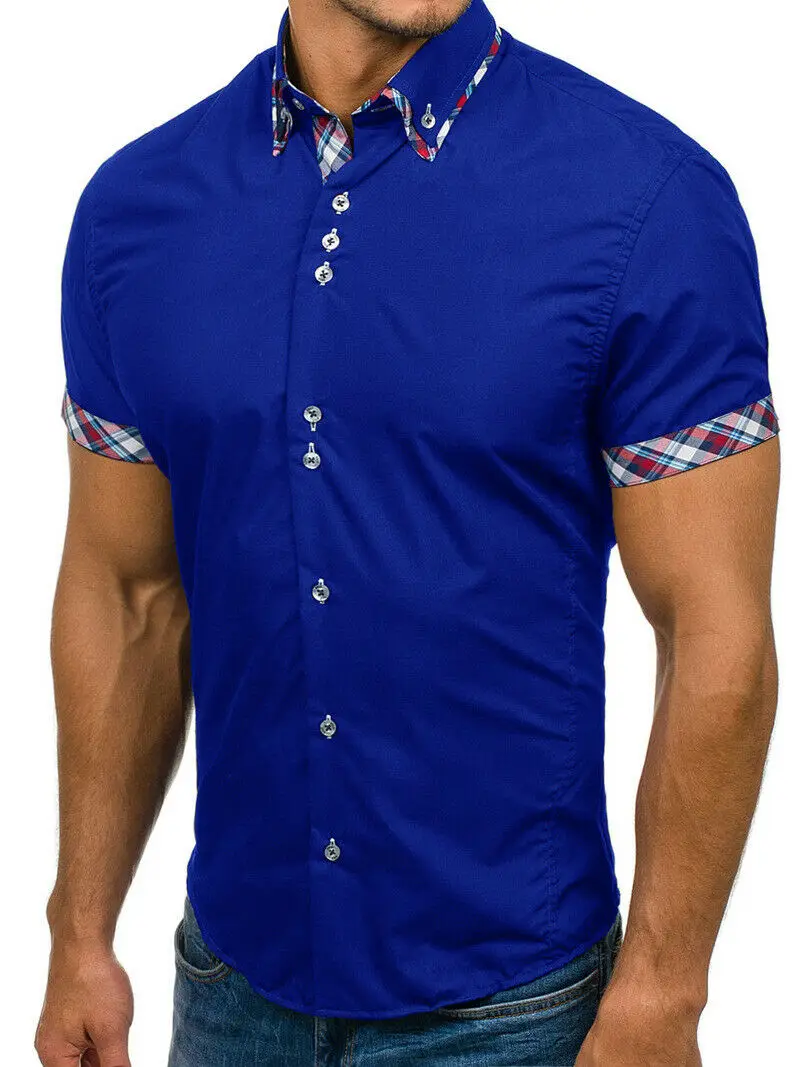 2019 New Style Fashion Hot Men's Slim Fit Short Sleeve Patchwork Casual Shirt Tops Button Muscle Tees | Мужская одежда