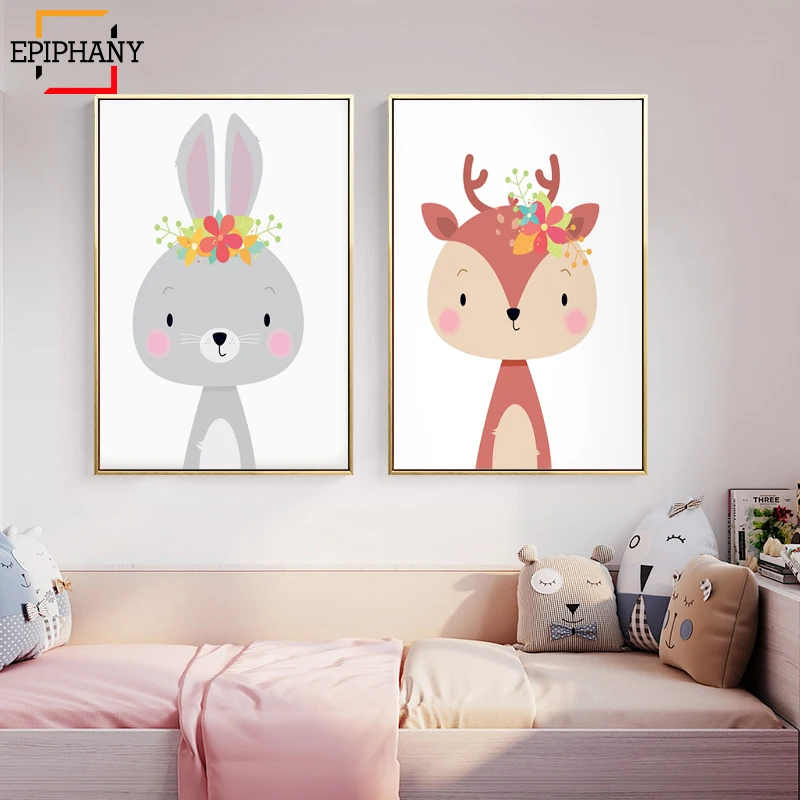 Girl Nursery Decor Woodland Animal Flower Canvas Painting Pictures Wall Art Posters and Prints Kids Playroom Bedroom Decoration|Рисование и