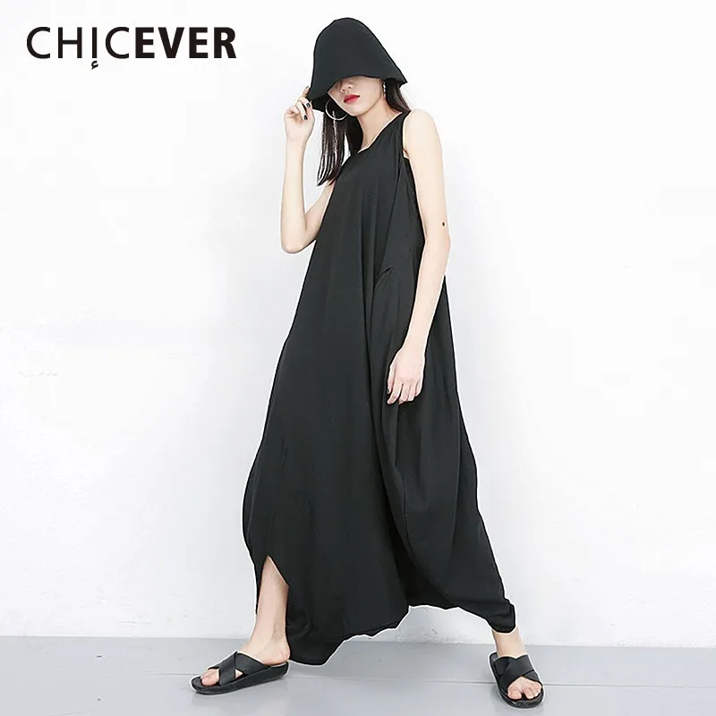 CHICEVER Летние повседневные однотонные черные женские комбинезоны с круглым
