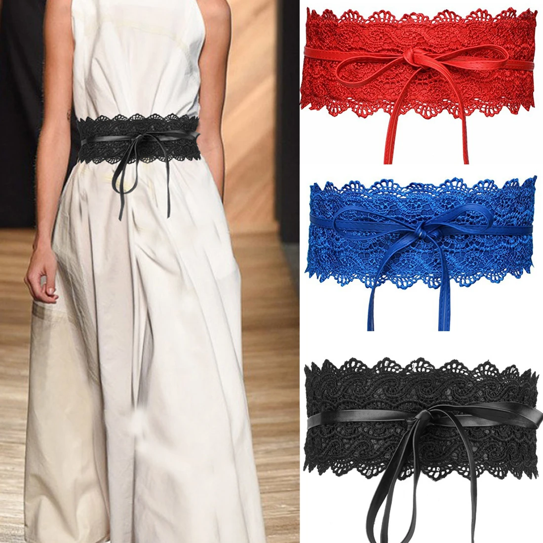 

2019 fashion elegant Women Dress Bowknot Faux Leather Lace Wide Decor Belt Girdle Waist Band
