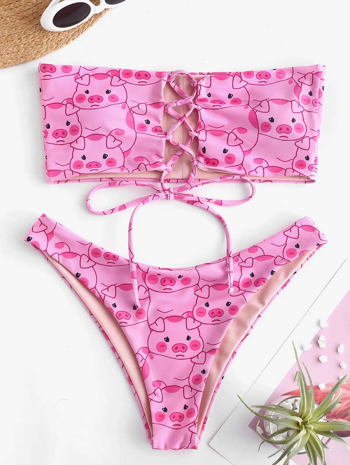 Женский купальник бикини ZAFUL с принтом поросенок на шнурках|Купальники| |