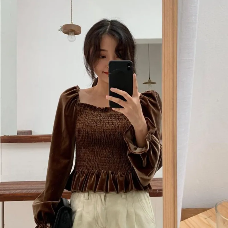VGH Spring Sexy Lantern Sleeve Short Women Shirt Square Collar Backless Slim Hem 2019 Women's Shirts Fashion New Korean |