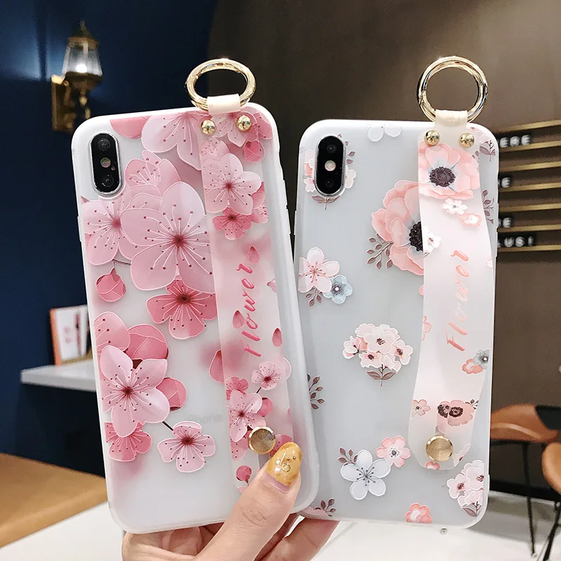 

Wrist Strap Soft TPU Case For Samsung Galaxy S8 S9 S10 Plus Note 10 Plus 10+ 5G 8 9 KickStand Cover 3D Relief Flower Coque