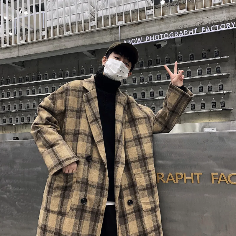 Зимнее новое шерстяное пальто мужское модное двубортное клетчатое повседневное