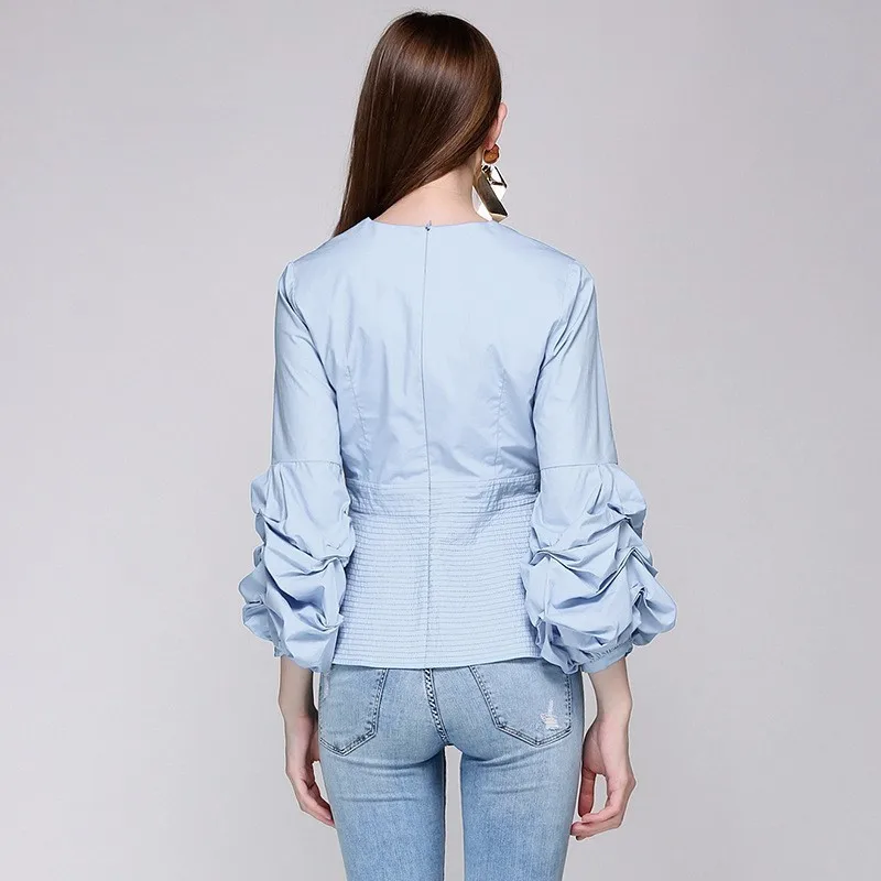 Женская блузка LANMREM летняя с глубоким треугольным вырезом рукавом-фонариком и