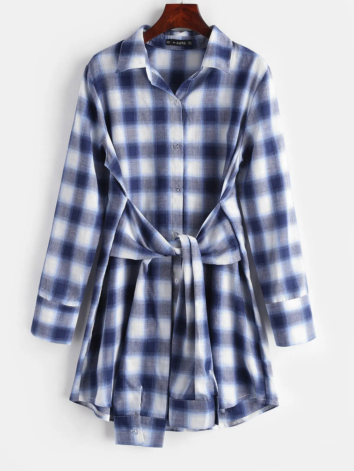 ZAFUL Пуговица Плед Узелок Рубашка Платье Хлопок Женщин Воротник Рубашки С Длинным