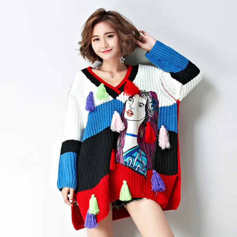 Vefadisa Women Tassel Stripe Cartoon Girl Sweater 2018 Autumn V-neck Color Matching Pullover Loose DQ315 | Женская одежда
